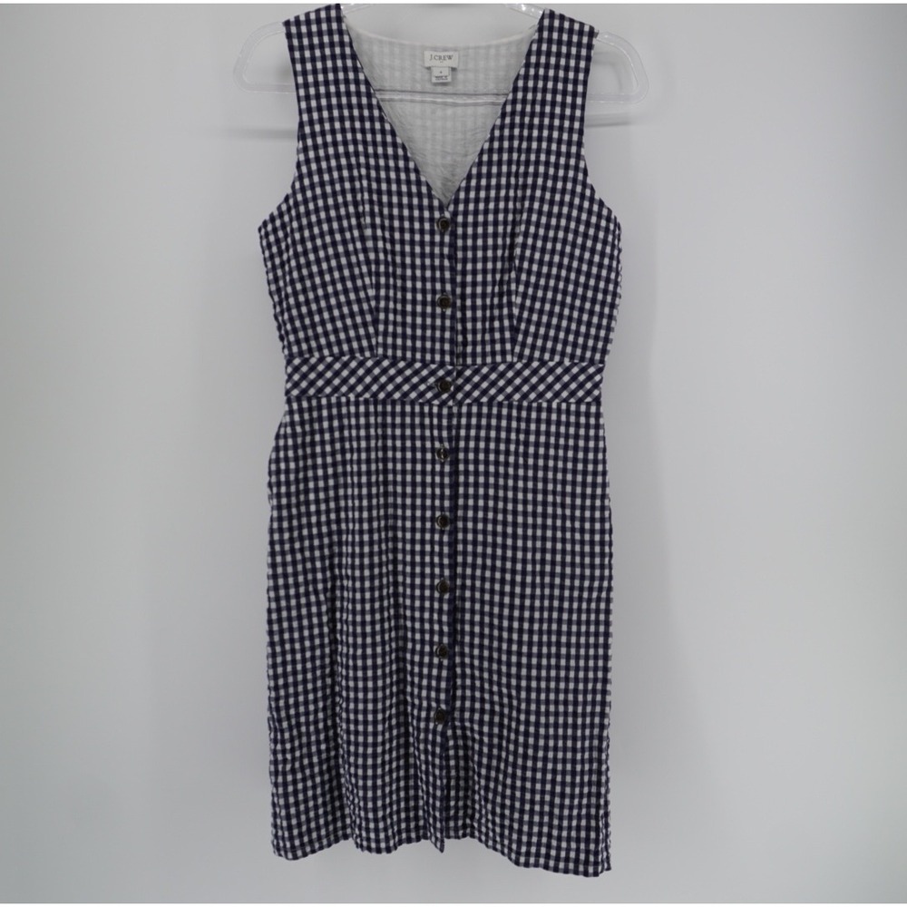 J.Crew Womens Navy Blue White Gingham seersucker Cotton Dress Size 4